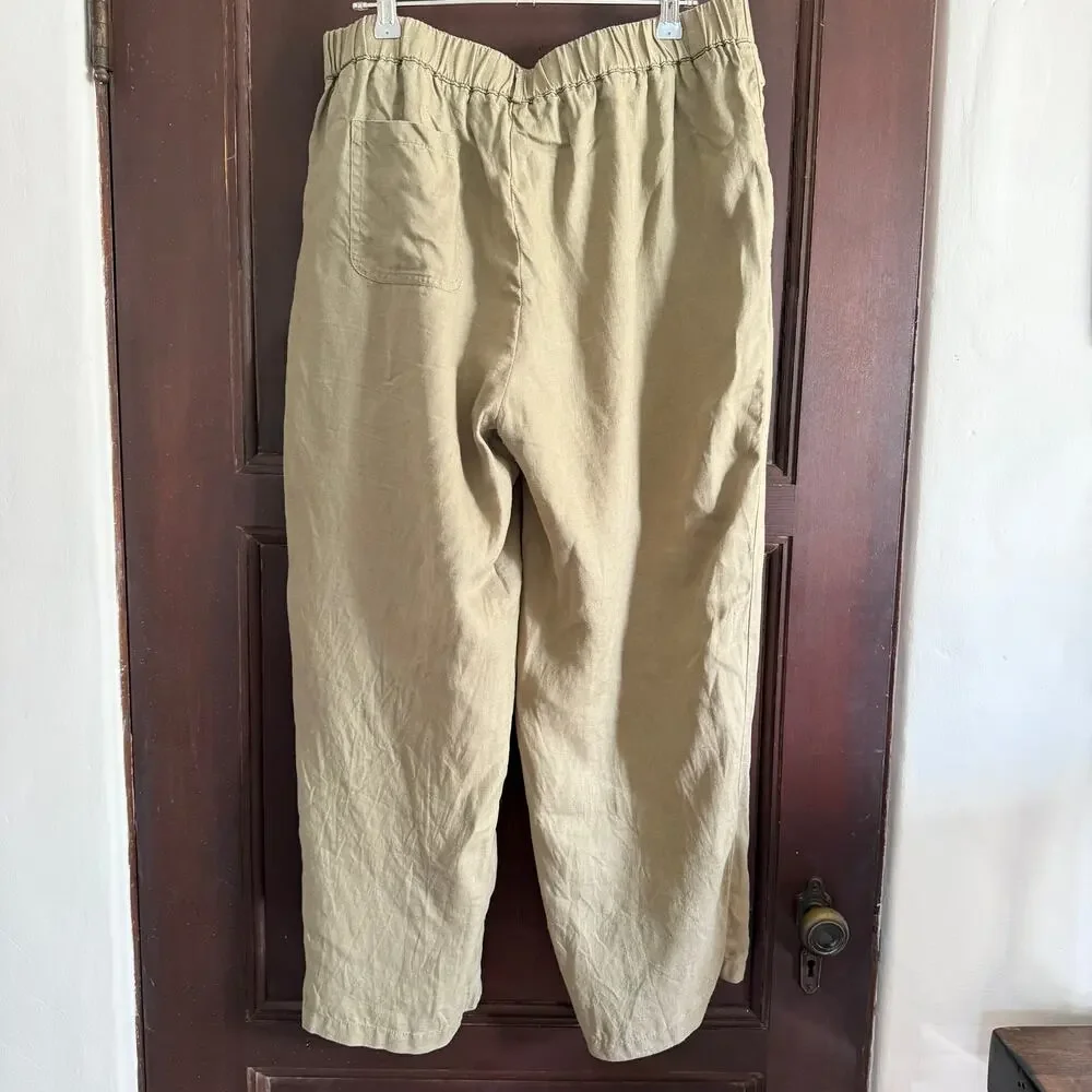 QUINCE | 100% Linen Relaxed Fit Tapered Ankle Pull on pants Tan Khaki | Large